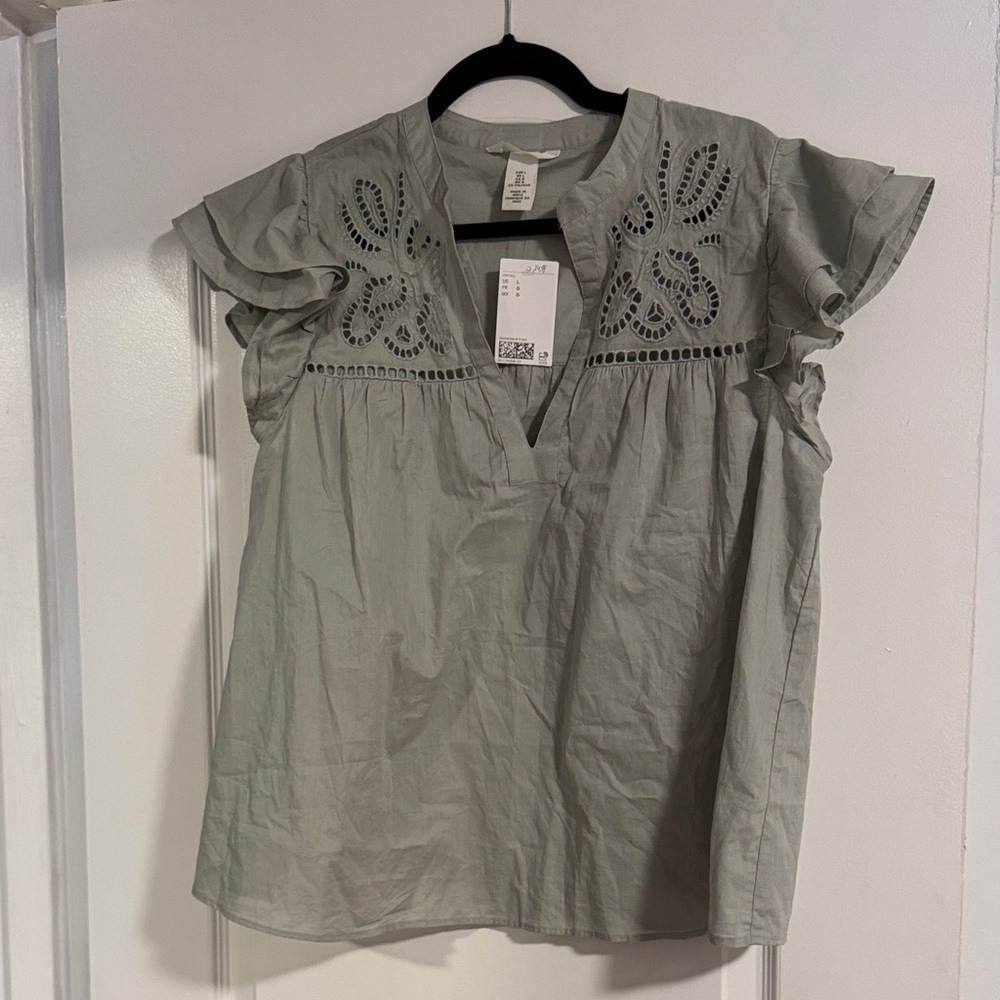 H&M Sage Green Eyelet Ruffle Blouse